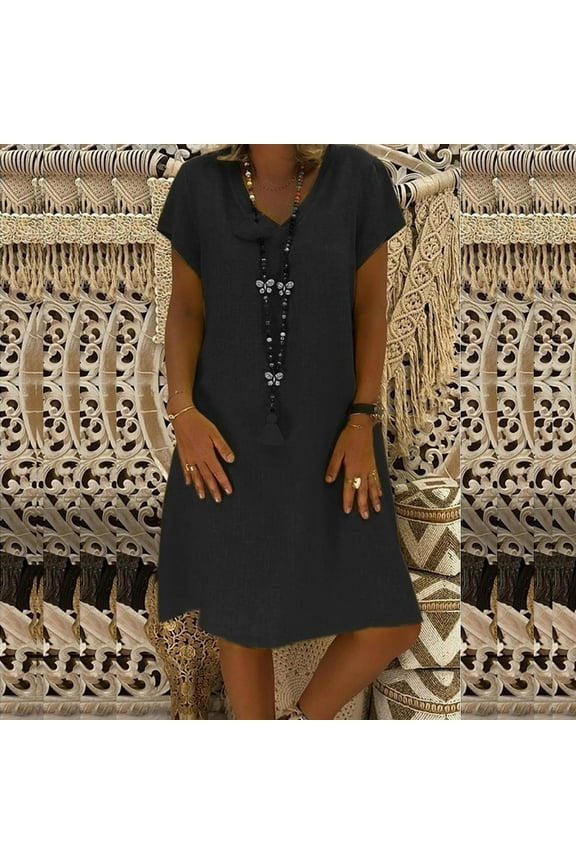 50% off Summer! Womens Plus Size Summer Holiday Mini Dress Casual Cotton And Linen T-Shirt Dresses Loose Plain Dress V Neck Short Sleeve Beach Party Sun Dress, S-5XL