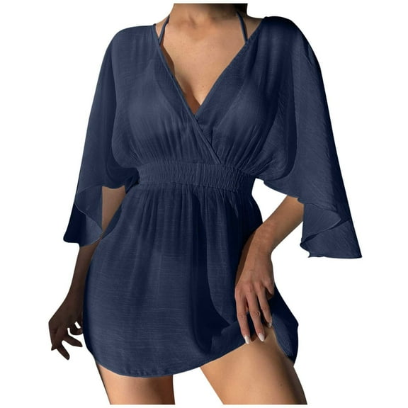 TMOYZQ Bathing Suit Cover Up for Womens Swimsuit V Neck Coverup Dress Bikini Beach Tunic Mini Dresses