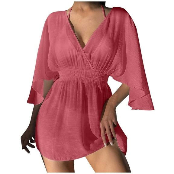 TMOYZQ Bathing Suit Cover Up for Womens Swimsuit V Neck Coverup Dress Bikini Beach Tunic Mini Dresses