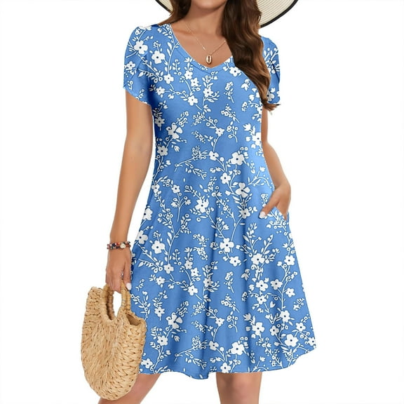 TMOYZQ Boho Dresses for Womens Summer Casual A-Line Short Sleeve Dresses Flowy Beach Swing Dress 2025 Vacation Travel Midi Dresses with Pockets