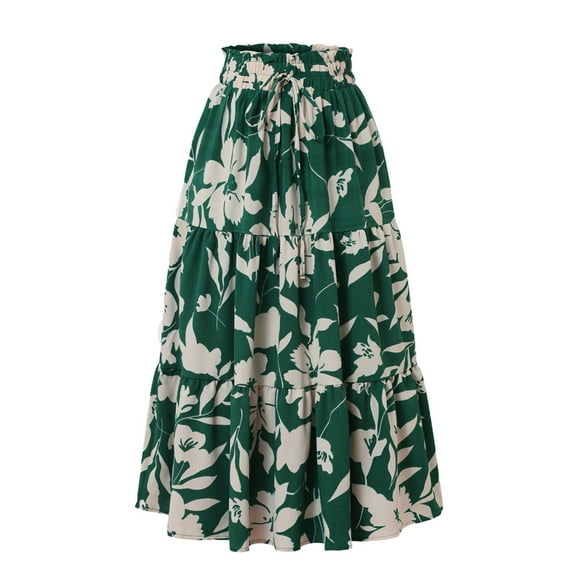 Cxenplz Boho Maxi Skirts for Women Drawstring Waist Tiered Ruffle Long Floral Skirt Bohemian Dressy Casual A Line Flowy Skirts