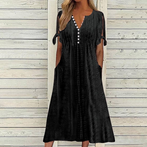 TMOYZQ Boho Midi Dress for Women Solid V Neck Tie Short Sleeve Eyelet Embroidery Dresses Casual Loose Beach Dresses with Pockets