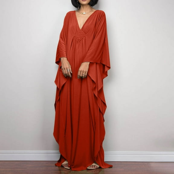 TMOYZQ Caftans Dresses for Women Solid Color Plus Size Beach Dress V Neck Cover Up Loose Soft Kaftan Loungewear