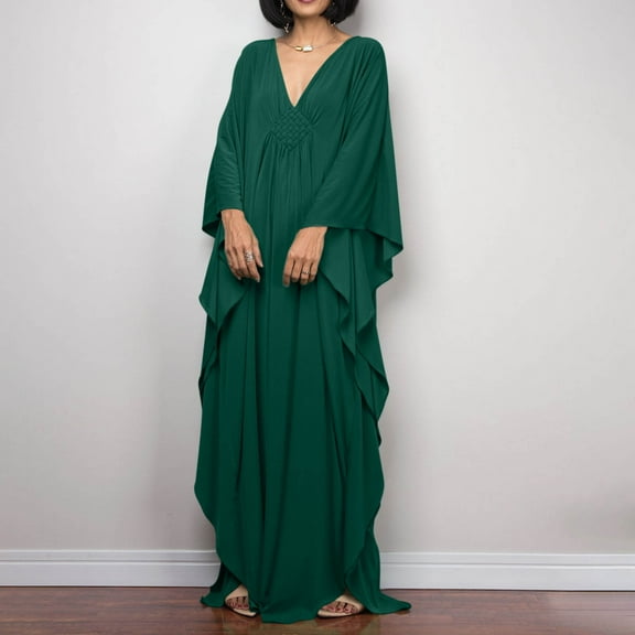 TMOYZQ Caftans Dresses for Women Solid Color Plus Size Beach Dress V Neck Cover Up Loose Soft Kaftan Loungewear