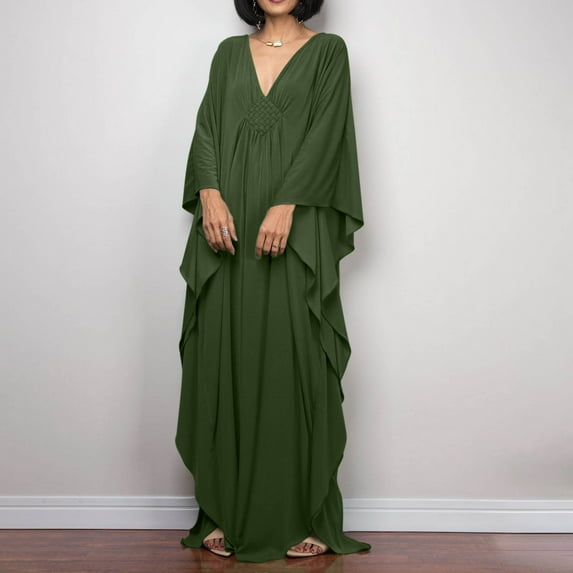 TMOYZQ Caftans Dresses for Women Solid Color Plus Size Beach Dress V Neck Cover Up Loose Soft Kaftan Loungewear