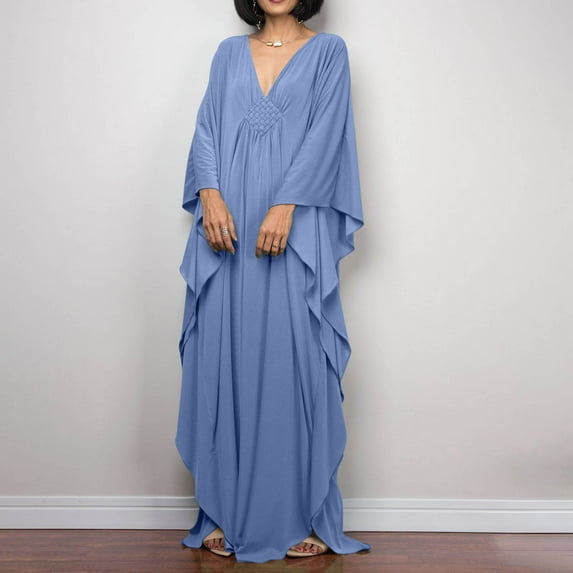 TMOYZQ Caftans Dresses for Women Solid Color Plus Size Beach Dress V Neck Cover Up Loose Soft Kaftan Loungewear