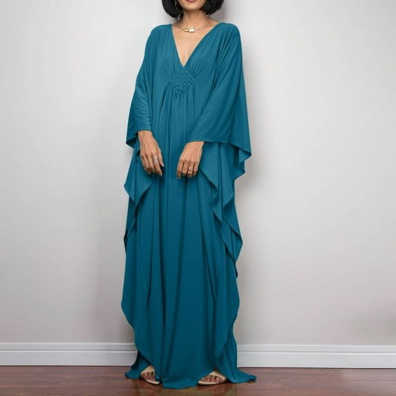 TMOYZQ Caftans Dresses for Women Solid Color Plus Size Beach Dress V Neck Cover Up Loose Soft Kaftan Loungewear