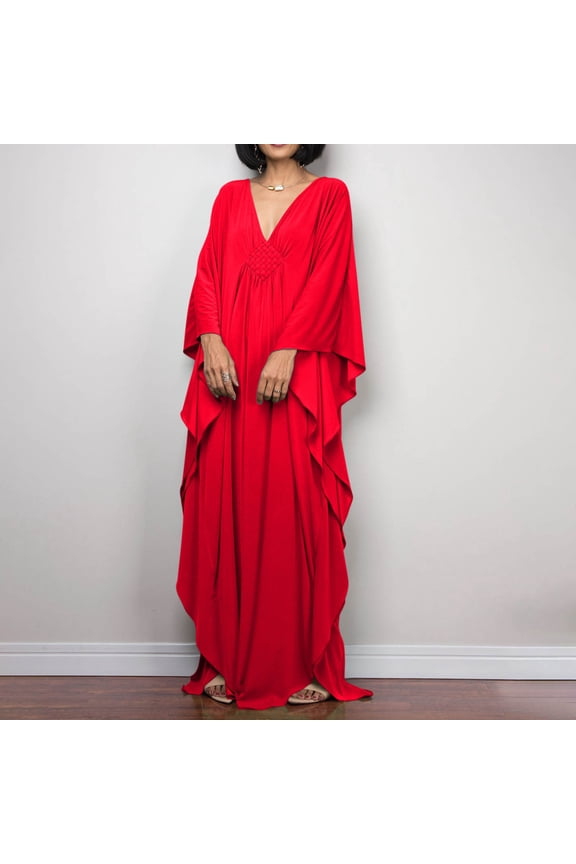 Caftans for Women Solid Color Chiffon Plus Size Kaftan Dresses Beach Cover Up V Neck Batwing Sleeve Caftans Loungewear