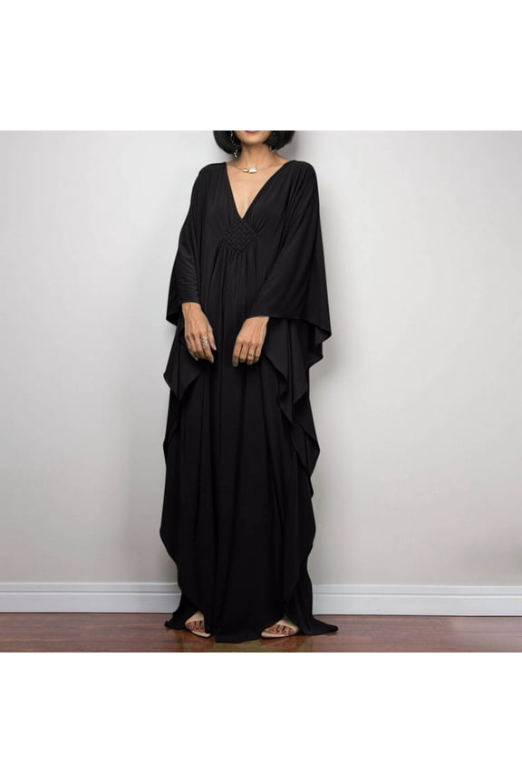 Caftans for Women Solid Color Chiffon Plus Size Kaftan Dresses Beach Cover Up V Neck Batwing Sleeve Caftans Loungewear