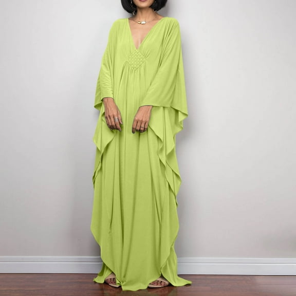 TMOYZQ Caftans for Women Solid Color Chiffon Plus Size Kaftan Dresses Beach Cover Up V Neck Batwing Sleeve Caftans Loungewear