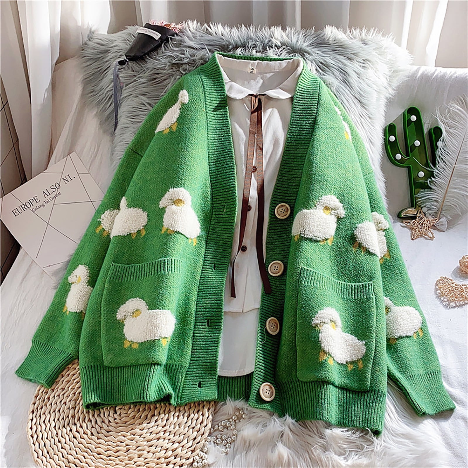 TMOYZQ Cardigan Sweaters for Women,Women Cute Sheep Print