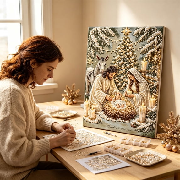 TMOYZQ Christmas Nativity Pearl Art DIY Kit,Religious Rhinestone Paintings Set,Crystal Bead Holy Decor,Xmas Wall Decoration,Christian Craft Gift for Adults 7.87in