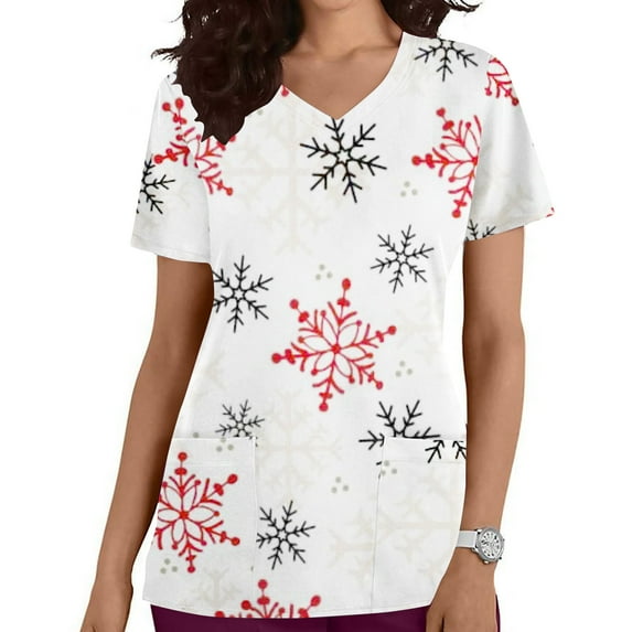 TMOYZQ Christmas Scrubs for Women, Womens Gnome Elf Print Professional Scrubs Tops Short Sleeve V Neck Nursing Workwear Tunic Working Uniform Medical Blouse with Pockets