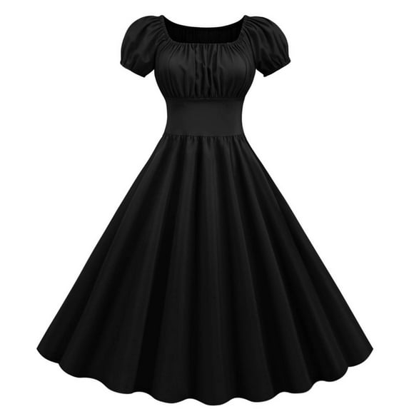 TMOYZQ Cocktail Dresses for Women Short Sleeve Smocked Flowy Midi Dress Solid Color Square Neck Wedding Gusest Dress Swing Evening Party Dress