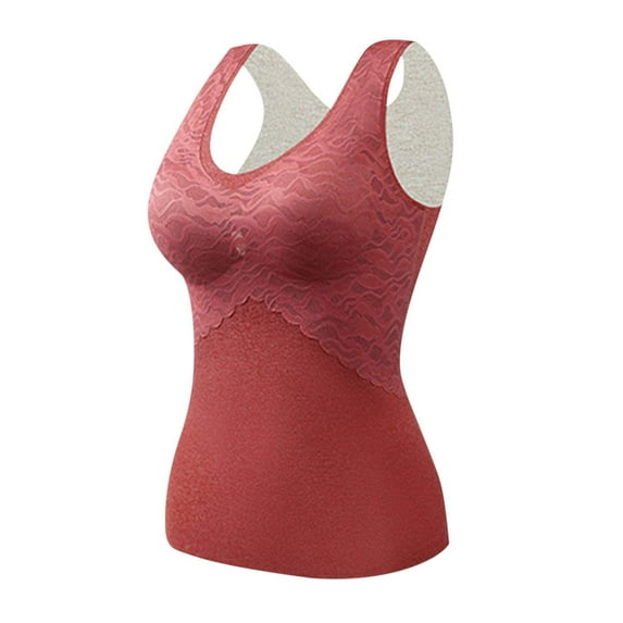 TMOYZQ Compression Tank Tops for Women, Lace Sleeveless Thermal Underwear Tops Seamless Cotton Camisoles Undershirt Tummy Control Shapewear Warm Base Layer Veast with Built-In Bra