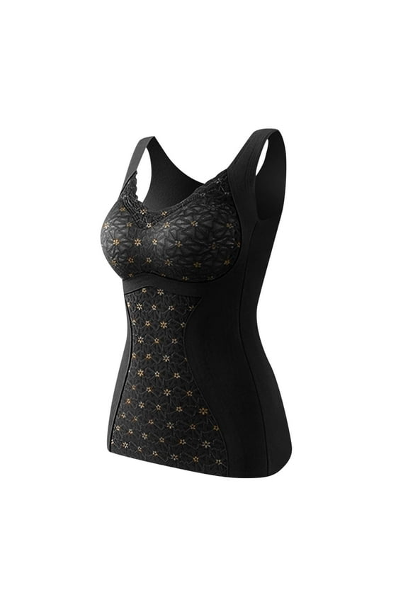 Compression Tank Tops for Women, Lace Sleeveless Thermal Underwear Tops Seamless Cotton Camisoles Undershirt Tummy Control Shapewear Warm Base Layer Veast with Built-In Bra