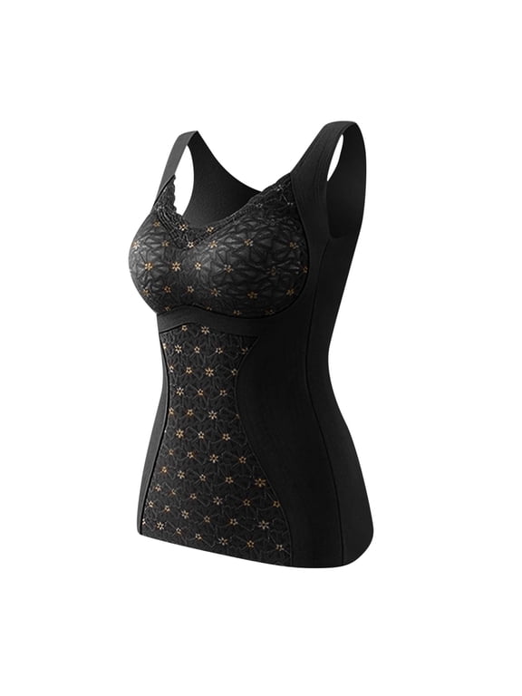 Compression Tank Tops for Women, Lace Sleeveless Thermal Underwear Tops Seamless Cotton Camisoles Undershirt Tummy Control Shapewear Warm Base Layer Veast with Built-In Bra