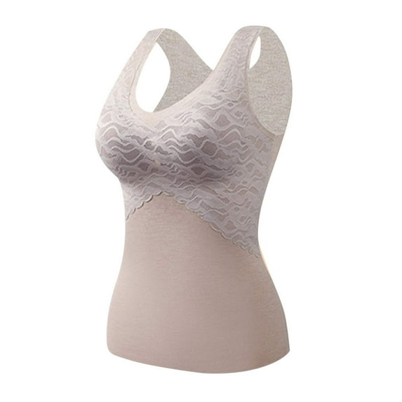 TMOYZQ Compression Tank Tops for Women, Lace Sleeveless Thermal Underwear Tops Seamless Cotton Camisoles Undershirt Tummy Control Shapewear Warm Base Layer Veast with Built-In Bra