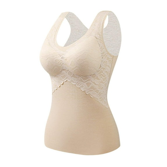 TMOYZQ Compression Tank Tops for Women, Lace Sleeveless Thermal Underwear Tops Seamless Cotton Camisoles Undershirt Tummy Control Shapewear Warm Base Layer Veast with Built-In Bra