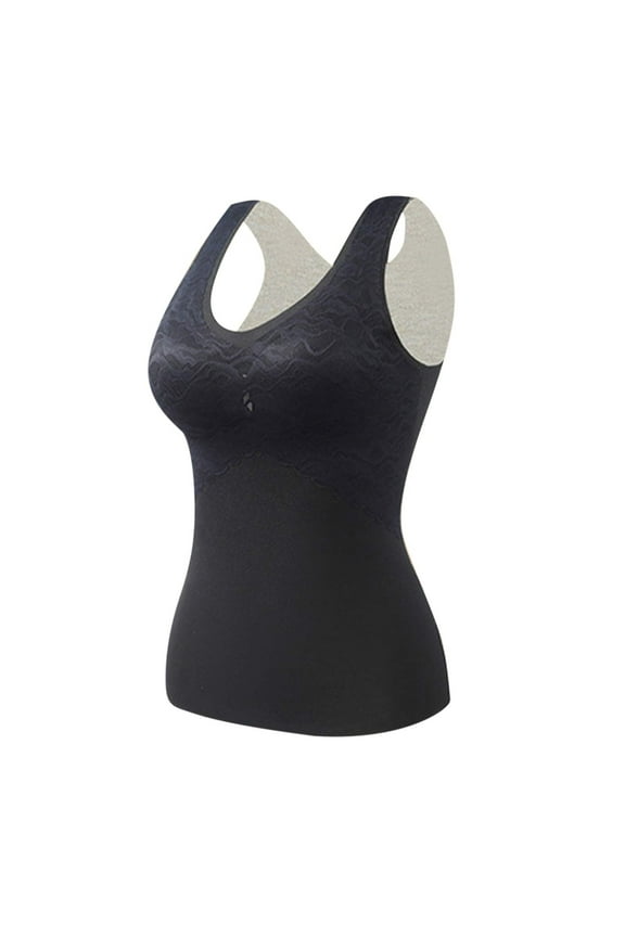 Compression Tank Tops for Women, Lace Sleeveless Thermal Underwear Tops Seamless Cotton Camisoles Undershirt Tummy Control Shapewear Warm Base Layer Veast with Built-In Bra