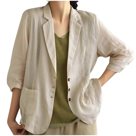 TMOYZQ Cotton Linen Blazer for Womens 3/4 Sleeve Loose Casual Business Blazer Jackets