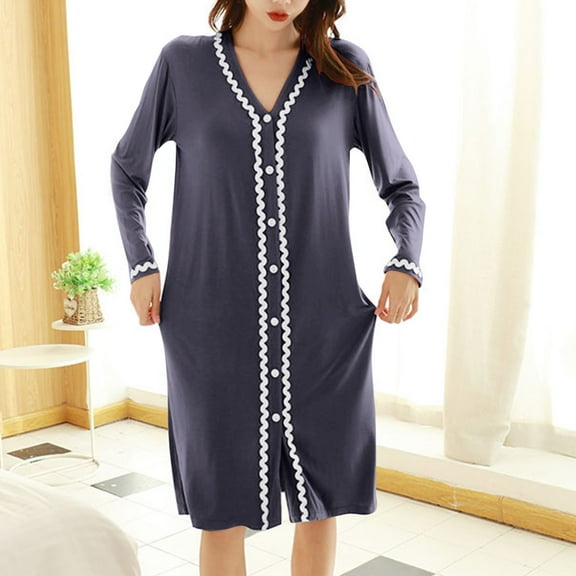 TMOYZQ Cotton Nightgowns for Women Loose Long Sleeve Wavy Striped Trim Nightshirt Casual Solid Color Button Down Sleepshirt Comfy V Neck Long Loungewear on Clearance