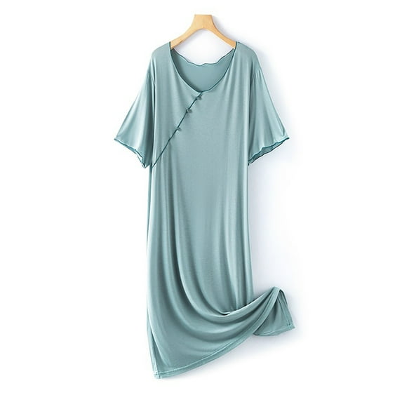 TMOYZQ Cotton Nightgowns for Women Short Sleeve Crew Neck Thin Nightdress Breathable Solid Long Sleep Dress Loose Fit Non See Through Loungewear