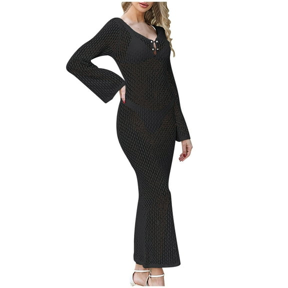 TMOYZQ Crochet Swim Cover Up for Women Boho Crochet Hollow Out Long Sleeve Thigh Beach Maxi Dress Bikini Cover Ups
