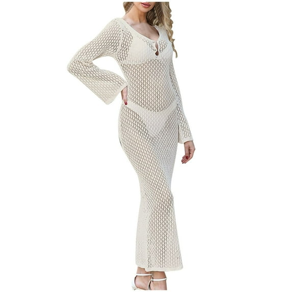 TMOYZQ Crochet Swim Cover Up for Women Boho Crochet Hollow Out Long Sleeve Thigh Beach Maxi Dress Bikini Cover Ups