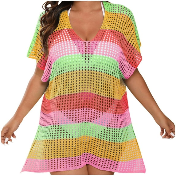 TMOYZQ Crochet Swimsuit Coverup for Women Plus Size Summer Bathing Suit Cover Ups Color Block Swimwear Beach Dress 2025 Clothes
