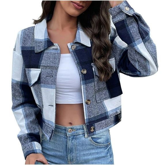 TMOYZQ Cropped Flannels for Women Plaid Shacket Jacket Casual Lapel Button Down Long Sleeve Shirt Flannel Jacket Lightweight 2023 Fall Coat Tops with Pockets