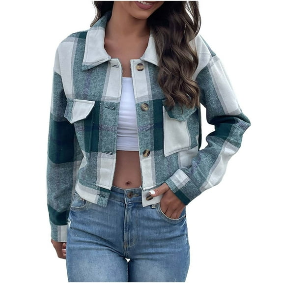 TMOYZQ Cropped Flannels for Women Plaid Shacket Jacket Casual Lapel Button Down Long Sleeve Shirt Flannel Jacket Lightweight 2024 Fall Coat Tops with Pockets