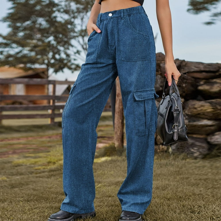 TMOYZQ Denim Cargo Pants for Women, High Waisted Straight Wide Leg Casual  Washed Retro Baggy Jeans with 8 Pockets Combat Military Trousers Streetwear