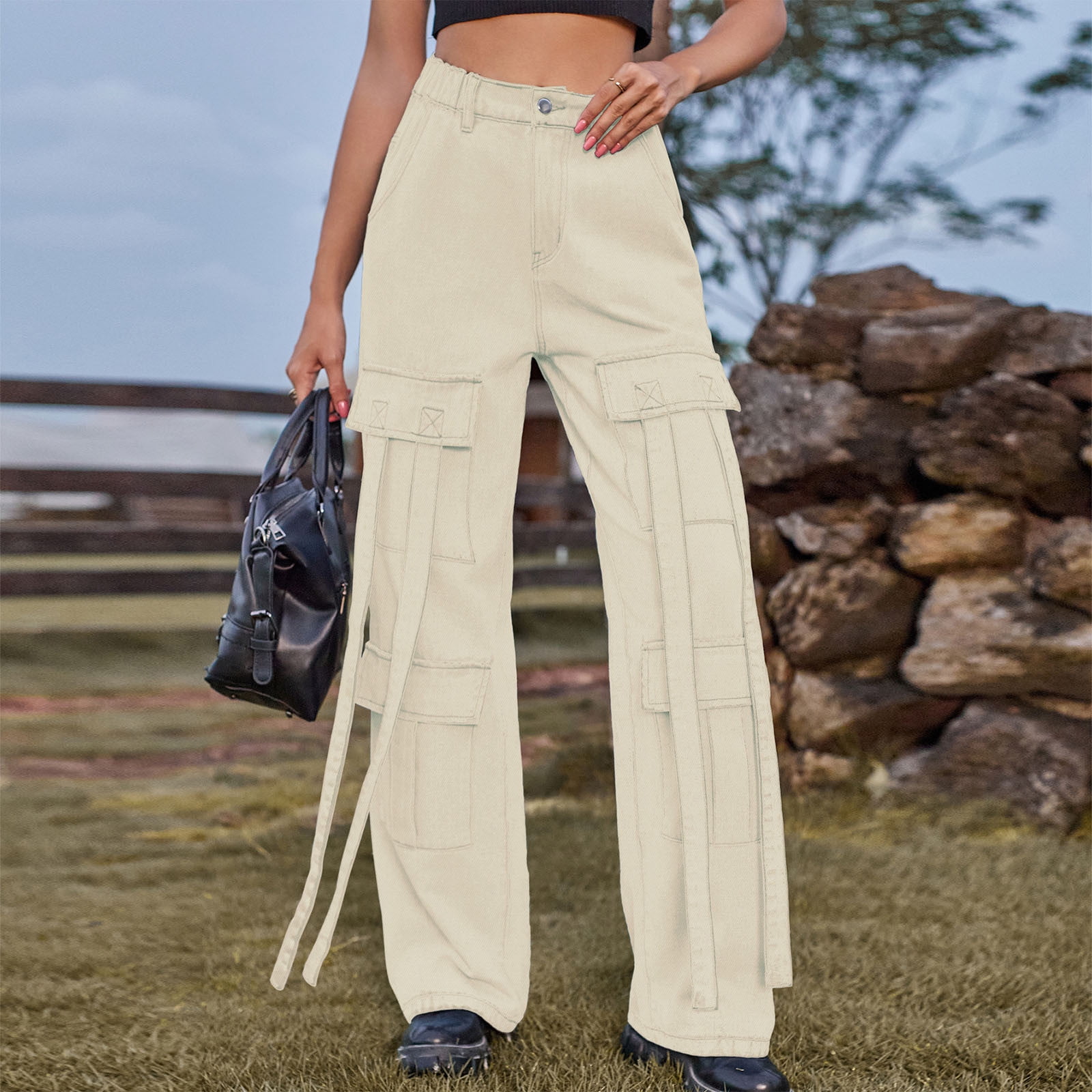 TMOYZQ Denim Cargo Pants for Women, High Waisted Wide Leg TMOYZQ Denim Cargo Pants for Women, High Waisted Wide Leg