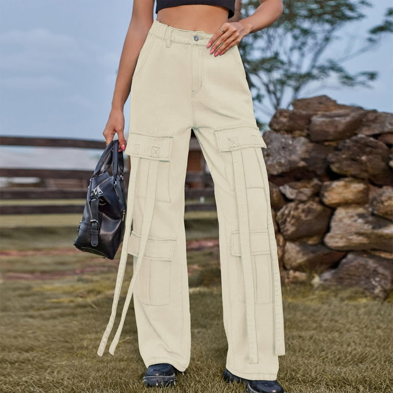 TMOYZQ Denim Cargo Pants for Women, High Waisted Wide Leg