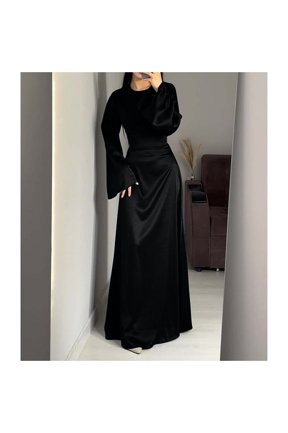 Dresses for Women Elegant Satin Party Dress Bell Long Sleeve Cocktail Maxi Dresses Back Lace Up Bandage Tie High Waisted Formal Party Evening Gowns