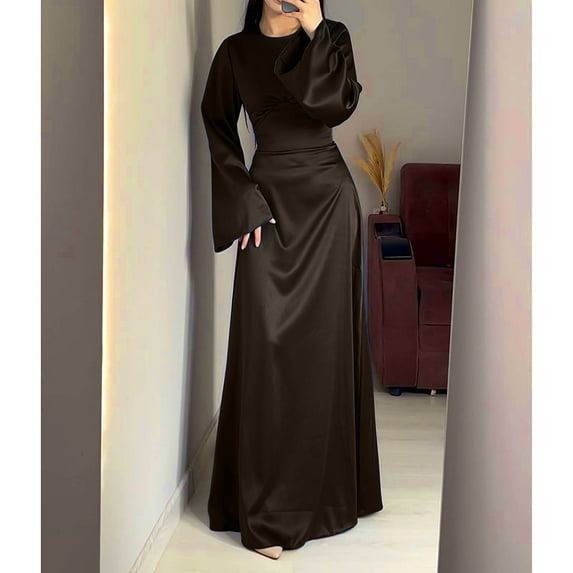 TMOYZQ Dresses for Women Elegant Satin Party Dress Bell Long Sleeve Cocktail Maxi Dresses Back Lace Up Bandage Tie High Waisted Formal Party Evening Gowns