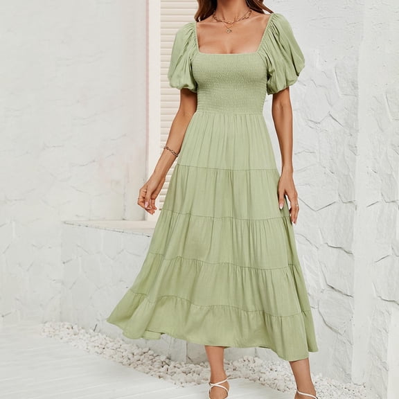 TMOYZQ Dresses for Women 2025 Summer Square Neck Short Puff Sleeve Casual Smocked Flowy A Line Tiered Split Midi Dress