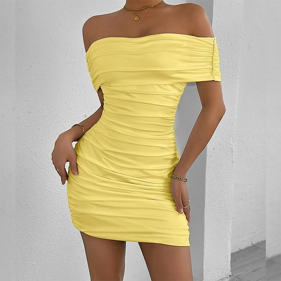 TMOYZQ Dresses for Women Off The Shoulder Ruched Tube Bodycon Cocktail Party Mini Dress