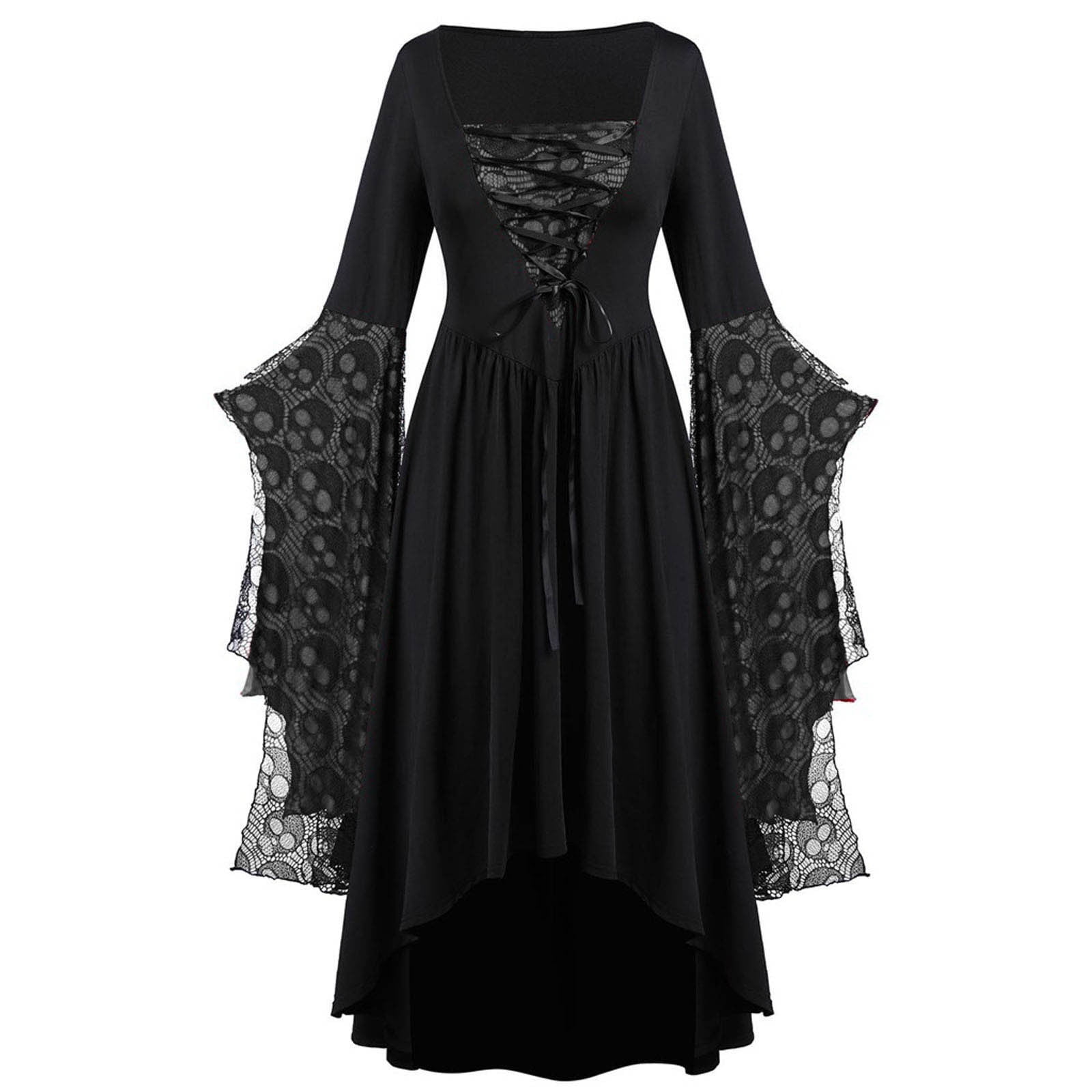 TMOYZQ Fall Savings Clearance Womens Plus Size Skull Lace Print Gothic Renaissance Medieval Dress Fall Long Bat Sleeve Bandage Retro Wedding Dress