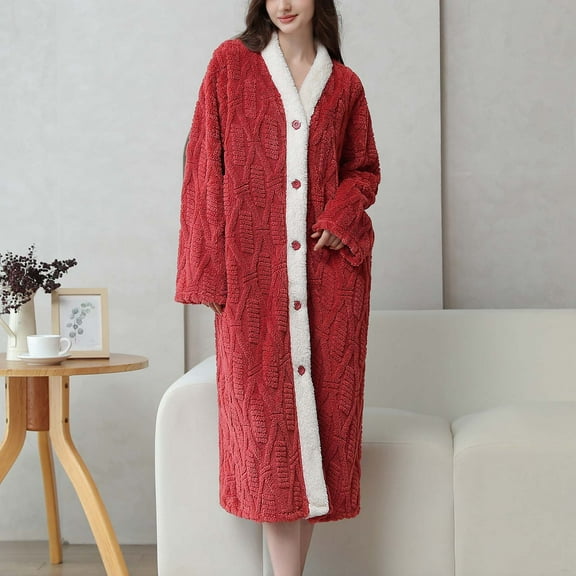 TMOYZQ Flannel Nightgown for Women Cute Fleece Warm Robe Button Down Fall Winter Pajamas Soft Plush Long Bathrobe Casual Pjs Homewear on Clearance