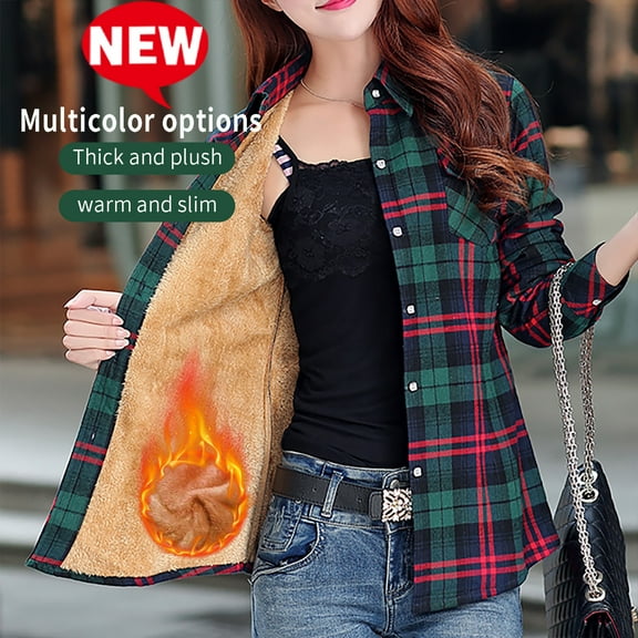 TMOYZQ Flannel Shirts for Women, Fleece Lined Long Sleeve Plaid Shirt Fall Clothes Shacket Jacket Winter Plush Warm Thick Boyfriend Buttons-up Blouse Coat with Pockets