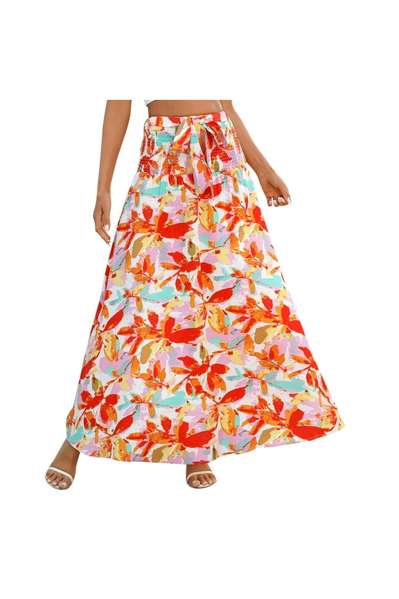 Floral Maxi Skirt for Women Summer Comfy Boho Tiered Elastic High Waisted Skirts Vacation A-Line Flowy Swing Halter Midi Dress