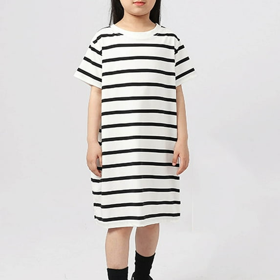 TMOYZQ Girl's Summer Dresses 2025 Casual Short Sleeve Striped Short Dress Crewneck Loose Fitted Straight Hem T Shirt Dresses for Girls 5-12 Years
