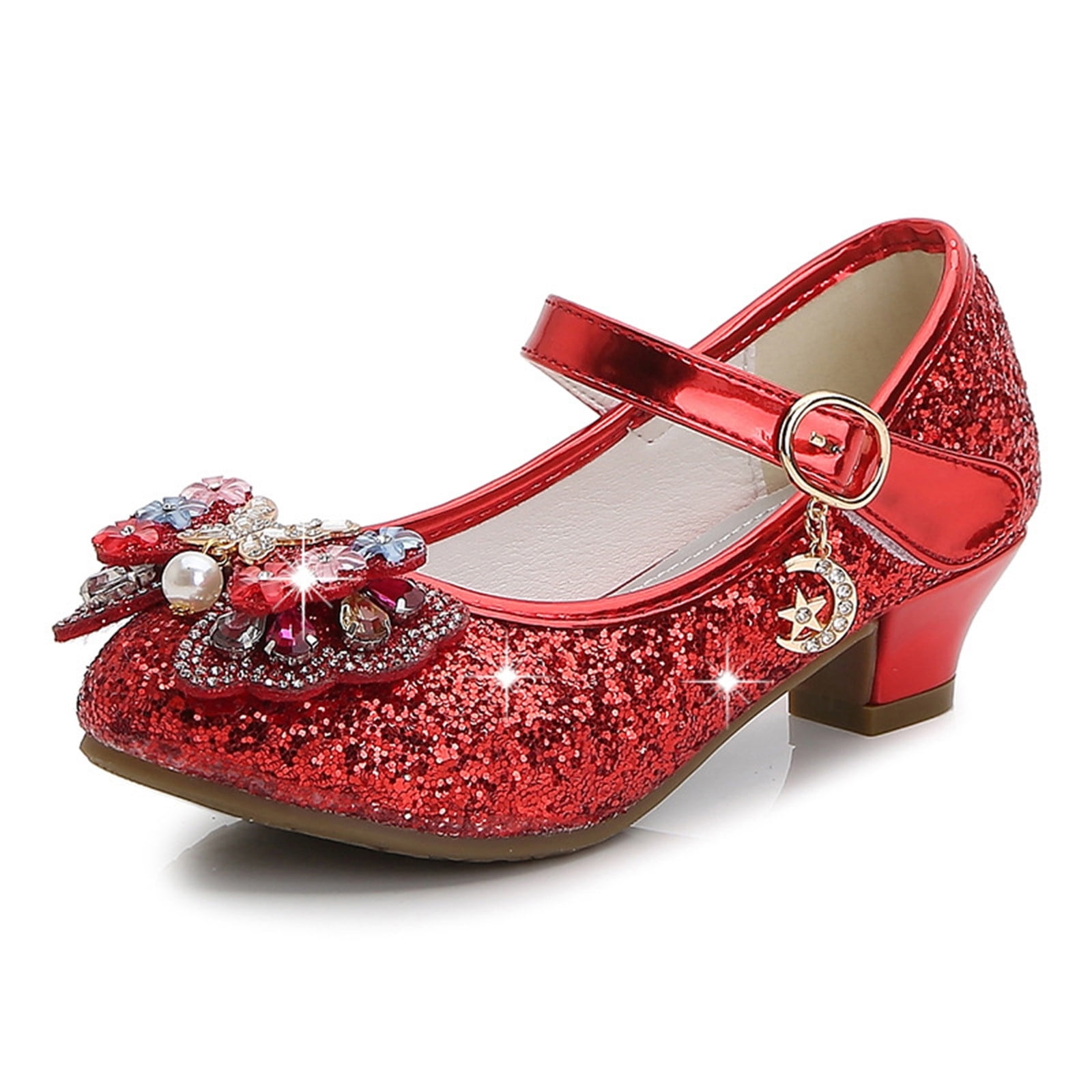 Wavlynn Beige Pearl Bow Buckle Flats For Girls Glittery Dress Shoes With Cushioned Insole