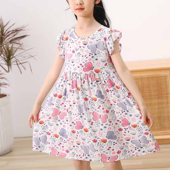 TMOYZQ Girls Dress Ruffle Sleeve Boho Flower Floral Strawberry Sundress for Kids A-line Tiered Swing Casual Cute Sundress 3-14 Years