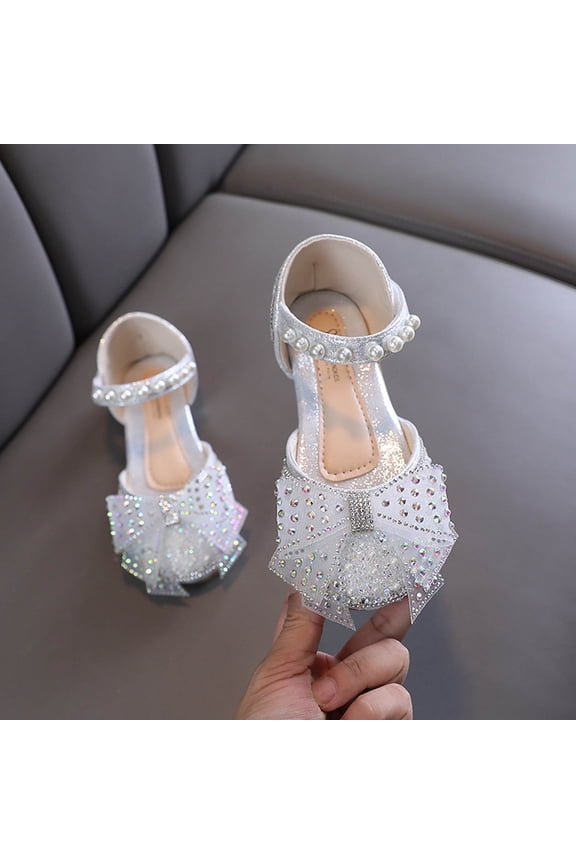 Girls Dress Shoes Wedding Mary Janes Sandals Low Heel Glitter Prom Princess Crystal Shoes