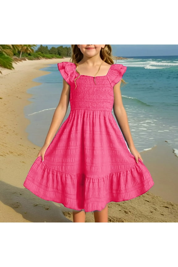 Girls Dresses Flutter Sleeve A-Line Sundress Casual Summer Tiered Swing Dress Lightweight Fashion 2025 Outfit Kids Clothes