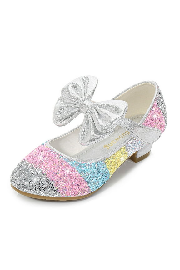 Girls Glitter Mary Jane Bow Low Heel Wedding Party Princess Dress Pumps Shoes for Toddler Kids