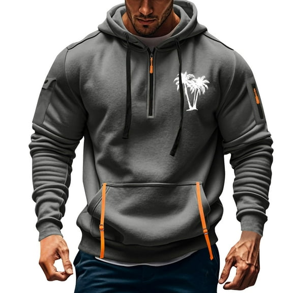 TMOYZQ Hoodies for Men Fall Winter Long Sleeve Quarter Zip Drawstring Hooded Sweatshirt Fashion Graphic Big and Tall Pullover Sweater with Mulit Pockets
